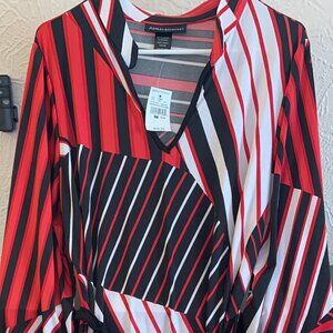 Ashley Stewart Red/Black/White Geometric Stripe Belted Maxi Dress – Size 14/16
